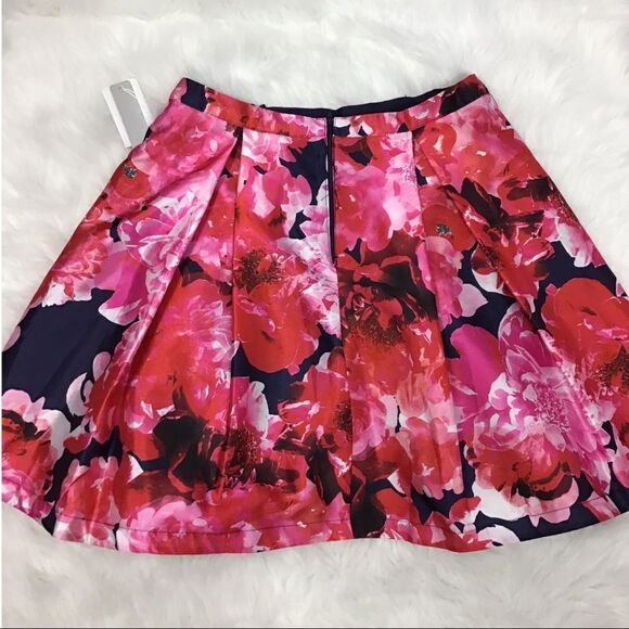 My Michelle Pink Pleated Floral Print Flare Mini Skirt Size 13 - Picture 2 of 8